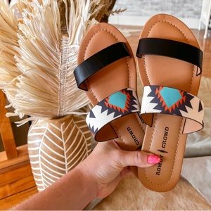 Southwestern sandals. Black, white, turquoise, burnt orange. Size 8. NWT.